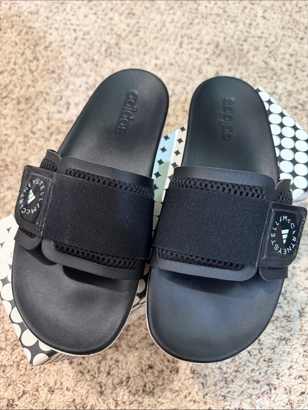 Stella McCartney Black Slide Sandals with Holographic Logo Patch